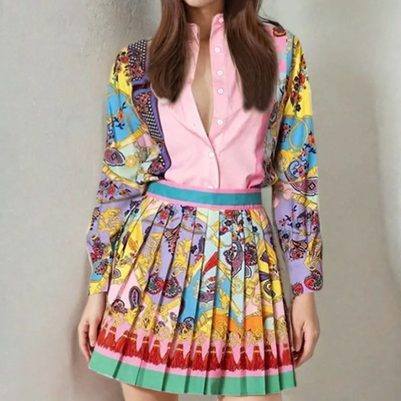 Bohemian unique design sense printed laple collar bubble sleeves shirt+high waist slim fit pleated skirt  women two piece set