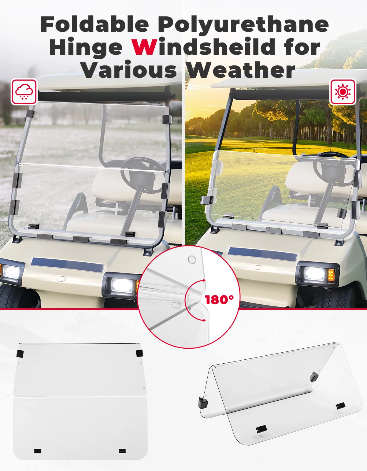 Clear Foldable Golf Cart Windshield Compatible with Club Car DS 2000+ Anti-UV and Impact-Resistant Acrylic Windscreen