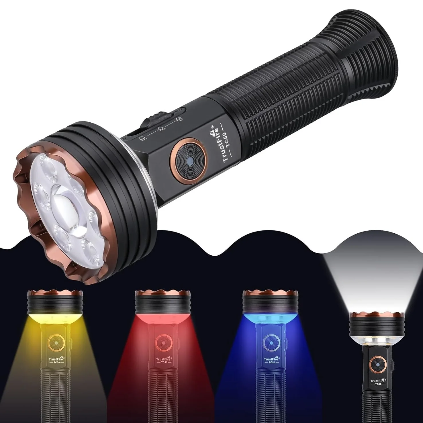 TrustFire TC50 Rechargeable Tactical LED Flashlight 5100LMS High Lumen Camping Search Light for Outdoor Self Defense