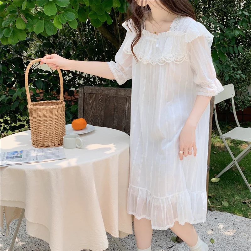 Summer Nightgown Women Chiffon Short Sleeve Lace Mesh Nightdress Palace Princess Sweet Sleepdress Cute Spring Homewear Nightwear