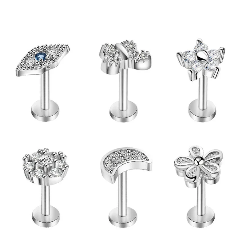 

1PC Stainless Steel Silver Color Flat Piercing Jewelry For Women Crystal CZ Evil Eye Flower Butterfly Moon Stud Earrings Labret