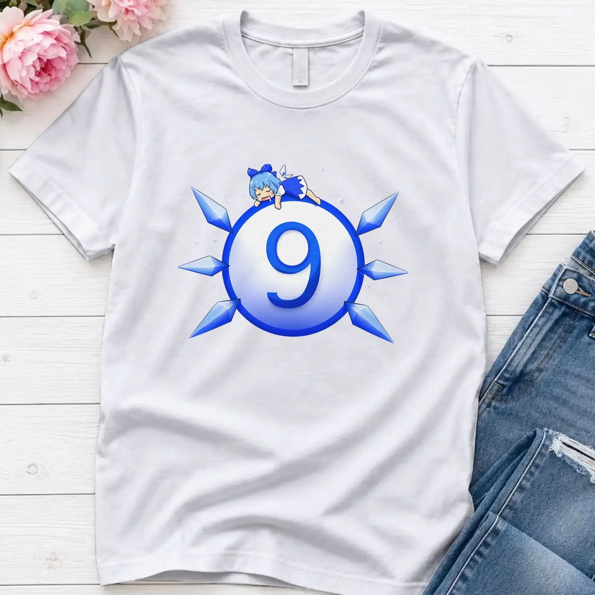 Men's T-Shirts Cirno    Vintage Pure Cotton Tees Short Sleeve Touhou Project T Shirt Round Collar Clothes Original