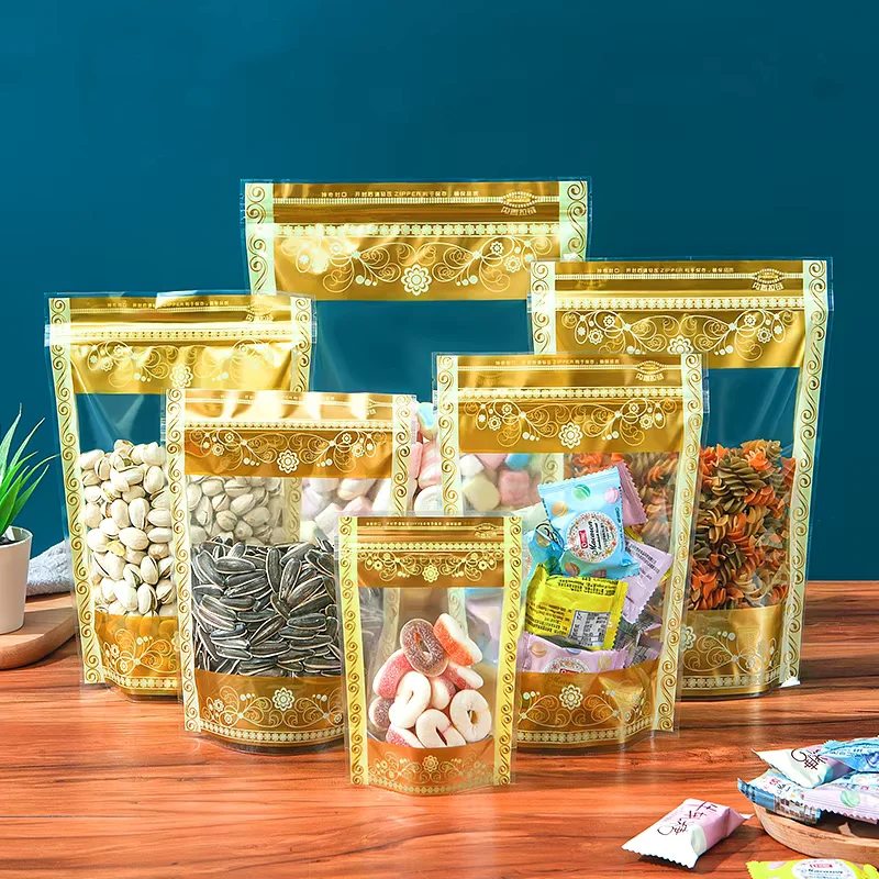 100PCS Stand-up Plastic Gold Ziplock Clear Window Storage Bag DIY Matcha Coffee Snack Biscuit Candy Bakery Tea Packaging Pouches