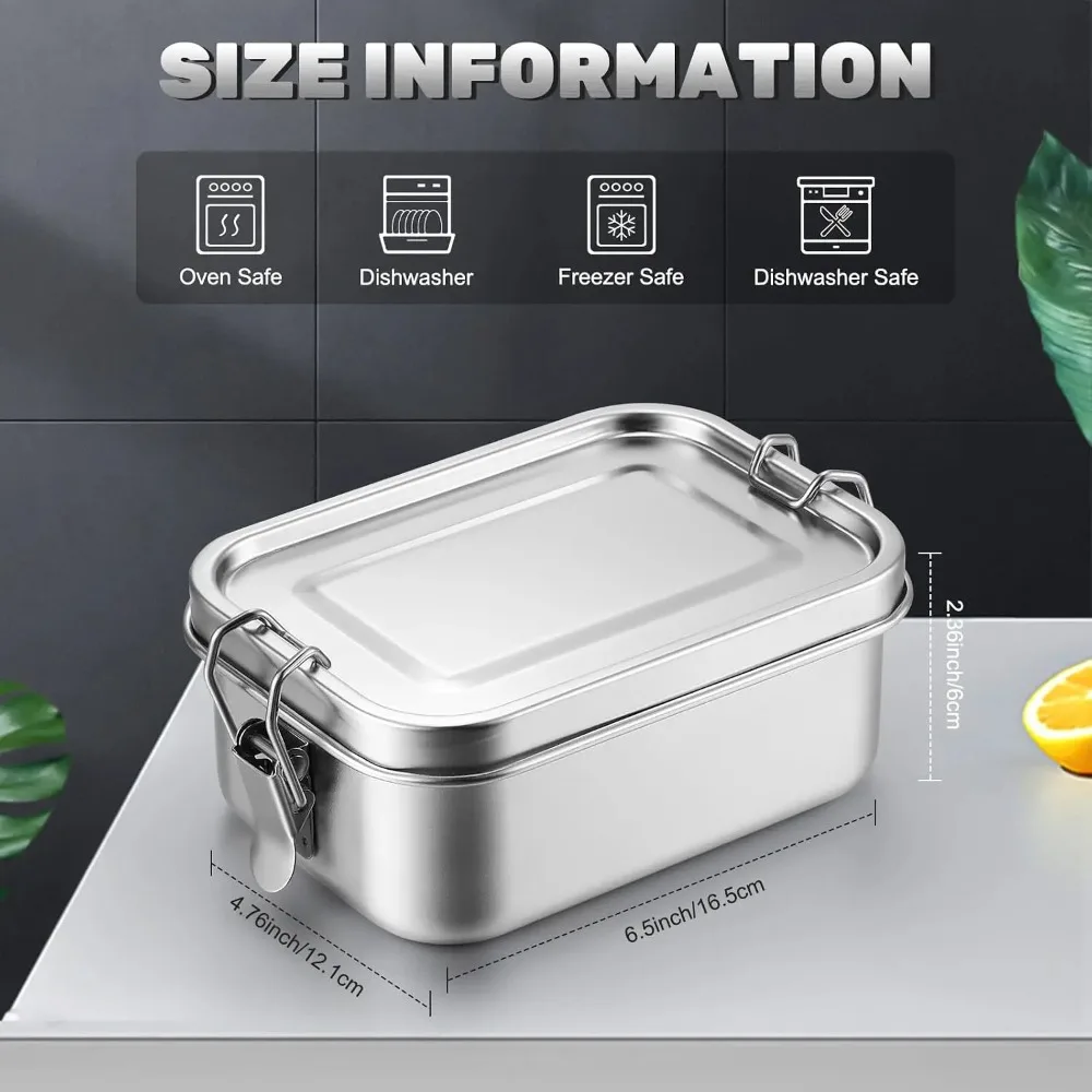 304 Stainless Steel Food Container 1100ML Lock Clasp Lid Rectangular Lunch Box Leak‑proof Food Storage Box for Kitchen Picnic - view 2