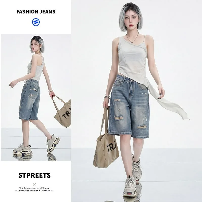 Pantalones vaqueros holgados de mezclilla hasta la rodilla estilo vintage americano para mujer, shorts de cintura alta elásticos tipo Bermuda, Jorts holgados Y2K Streetwear