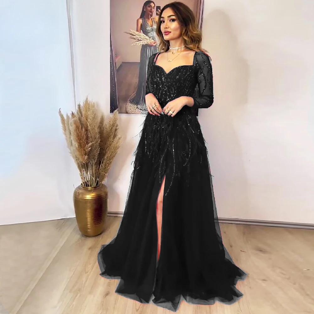 Luxury Sequined Feathers Evening Dress Square Collar Long Sleeve Floor Length Organza Sweep Train Dresses Elegant Women Gown