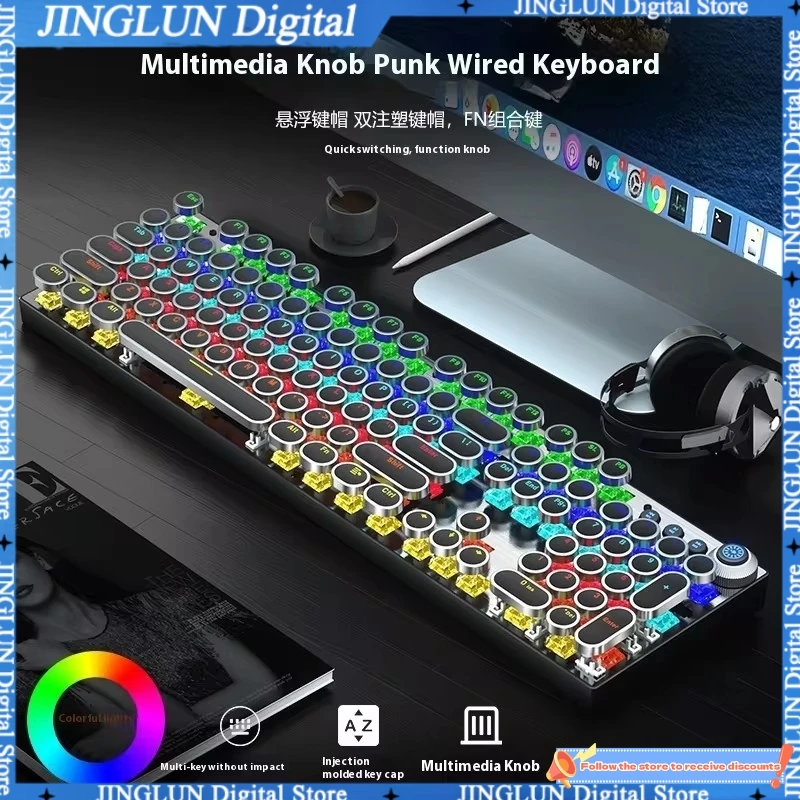 leaven luminosa k990 teclado mecanico com fio punk retro multimidia com eixo azul para laptop pc 01