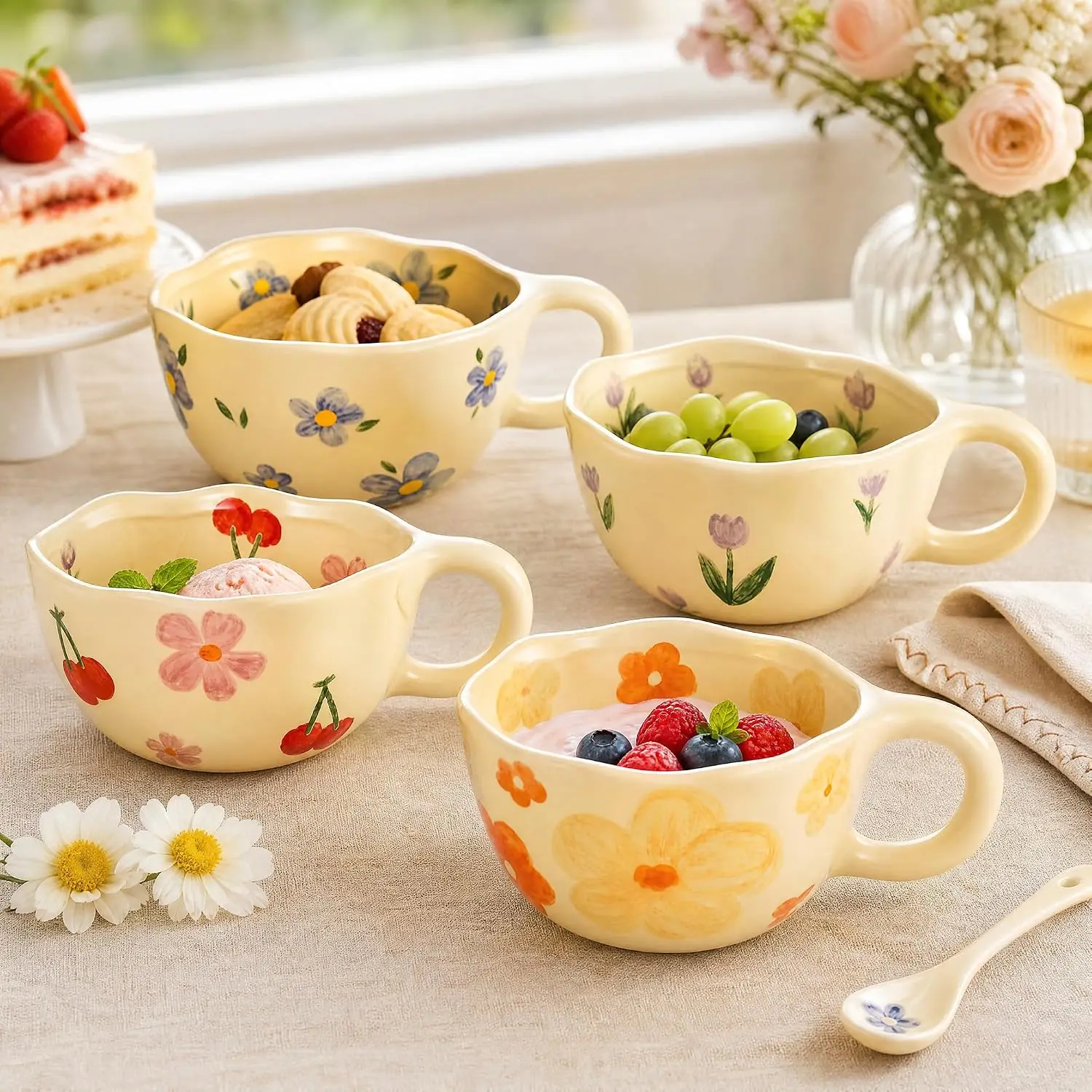 4PCS 11cm Floral Ceramic Mug  with handles Creative Cute Hand-Painted Love Heart Coffee Cup Milk Oatmeal Breakfast Afternoon Tea Cup Valentine's Day Present