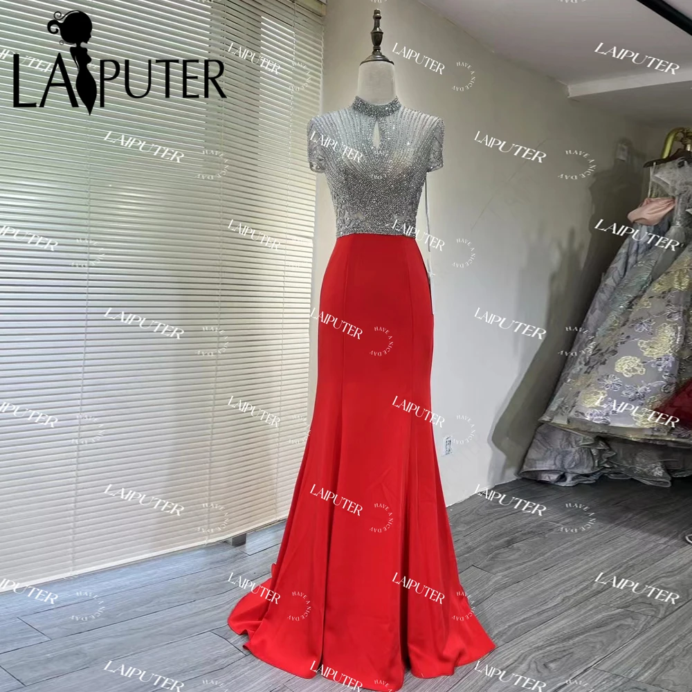 LAIPUTER Sample Dress on Sale Promotion Good Price US4 Red Crystal Bead Mermaid Evening Dresses High Neck Prom Party Gown