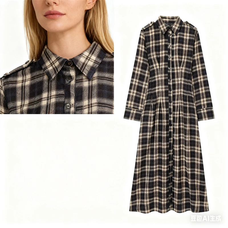 Vintage geruite shirtjurk dames lange mouw button-down maxi elegante casual lente-outfit