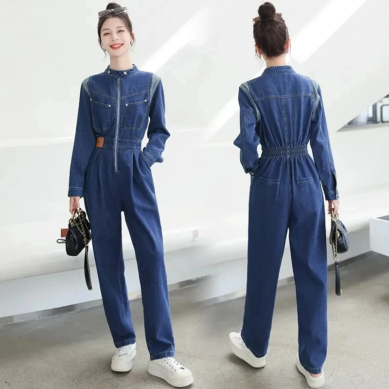 

2024 Spring New Women's Denim Jumpsuit Women Casual Loose Waist Slimming Work Dress Long Sleeved Jeans Long Pants Jumpsuit