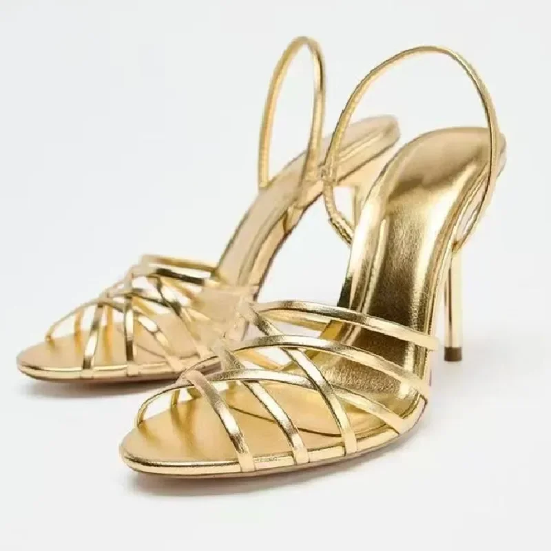 

Fashion Gold Cross Tied High Heel Sandals Luxury Pointed Toe Hollow Thin Heel Designer Shoes Elegant Party Slingback Dress Shoes