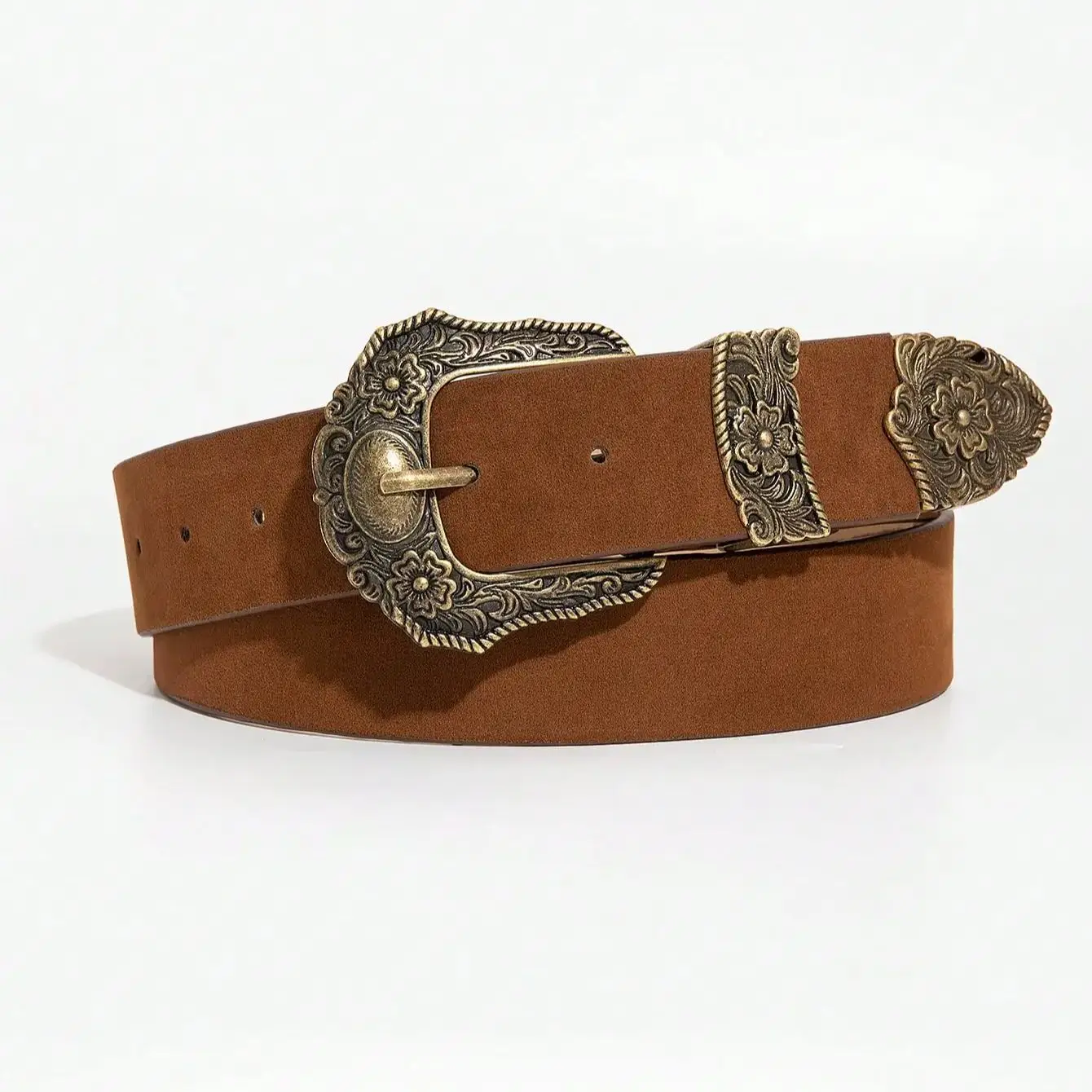 Women's brown vintage bohemian style light luxury antique bronze engraved flower metal pin buckle velvet belt for jeans, a ver