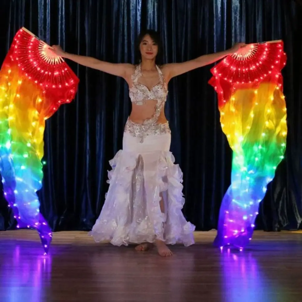 Gradient Color LED Classical Dance Fan Long Imitation Rayon Performence Props Belly Dancing Fan 1.5m Dancer Practice Silk Fans