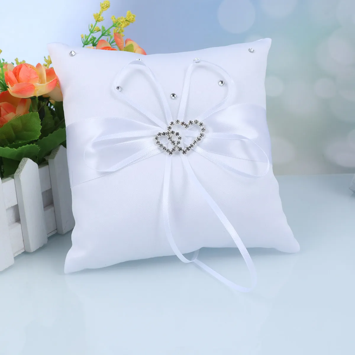 

Double Heart Bridal Wedding Ring Pillow Satin Ribbon Rhinestone Decoration Strap Ring Bearer Wedding Ceremony