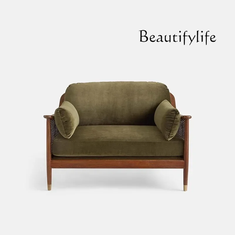 

Nordic medieval style solid wood rattan sofa fabric soft bag multi-person leisure chair