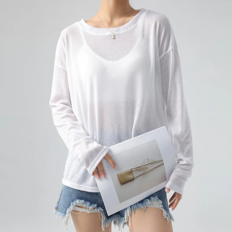 Korean Style Versatile Long-sleeved T-shirt for Women Loose See-through Thin Summer Ice Silk Pullover Sun Protection Blouse Top