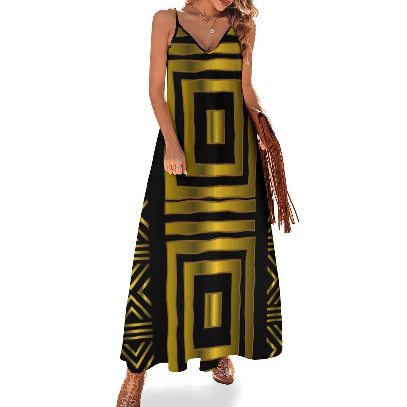 

Gold African Bogolan Design Sleeveless Long Dress beach dresses Dresses for wedding party summer dresses womens 2025 Dress