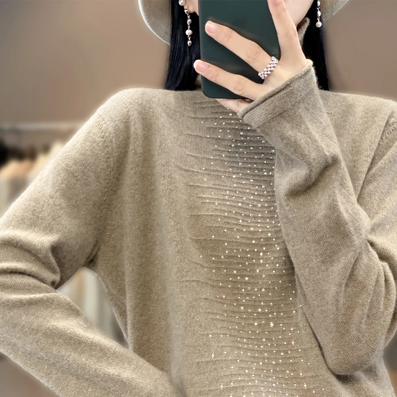 2024 Autumn/Winter New High Collar Sweater Women\'s 100% Pure Wool Knit Pullover Luxury Design Clothing Turtleneck Warm Sweater