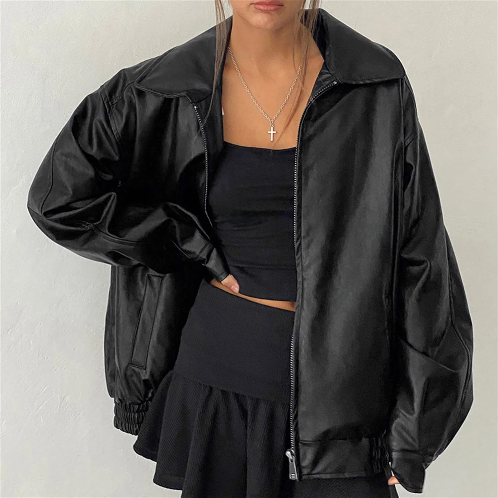 Women Vintage Oversized Loose Long Sleeve Jacket Zip Up Motorcycle Bomber Coats Faux PU Leather Jackets Fall Winter Outwear