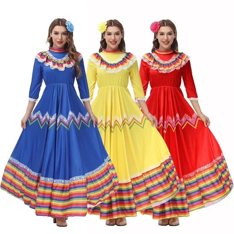 

Traditional Mexican Folk Dancer Dress for Adult National Mexico Style Festival Party Cosplay Costume Bohemia Long Women Dress