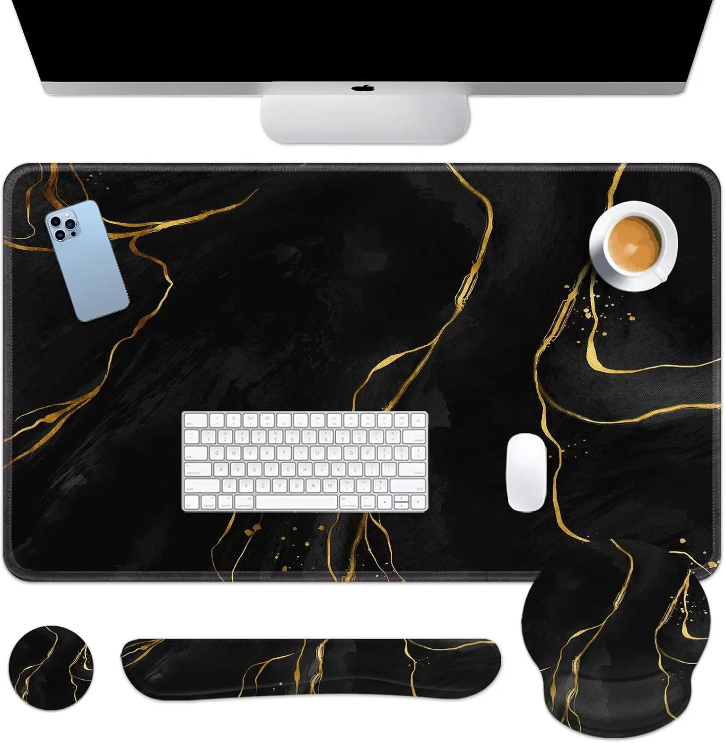 Black Gold Marble Keyboard Mouse Pad Set 4in1 Large Mousepad+Keyboard Wrist Rest+Mouse Wrist Rest+Coaster Ergonomic Des