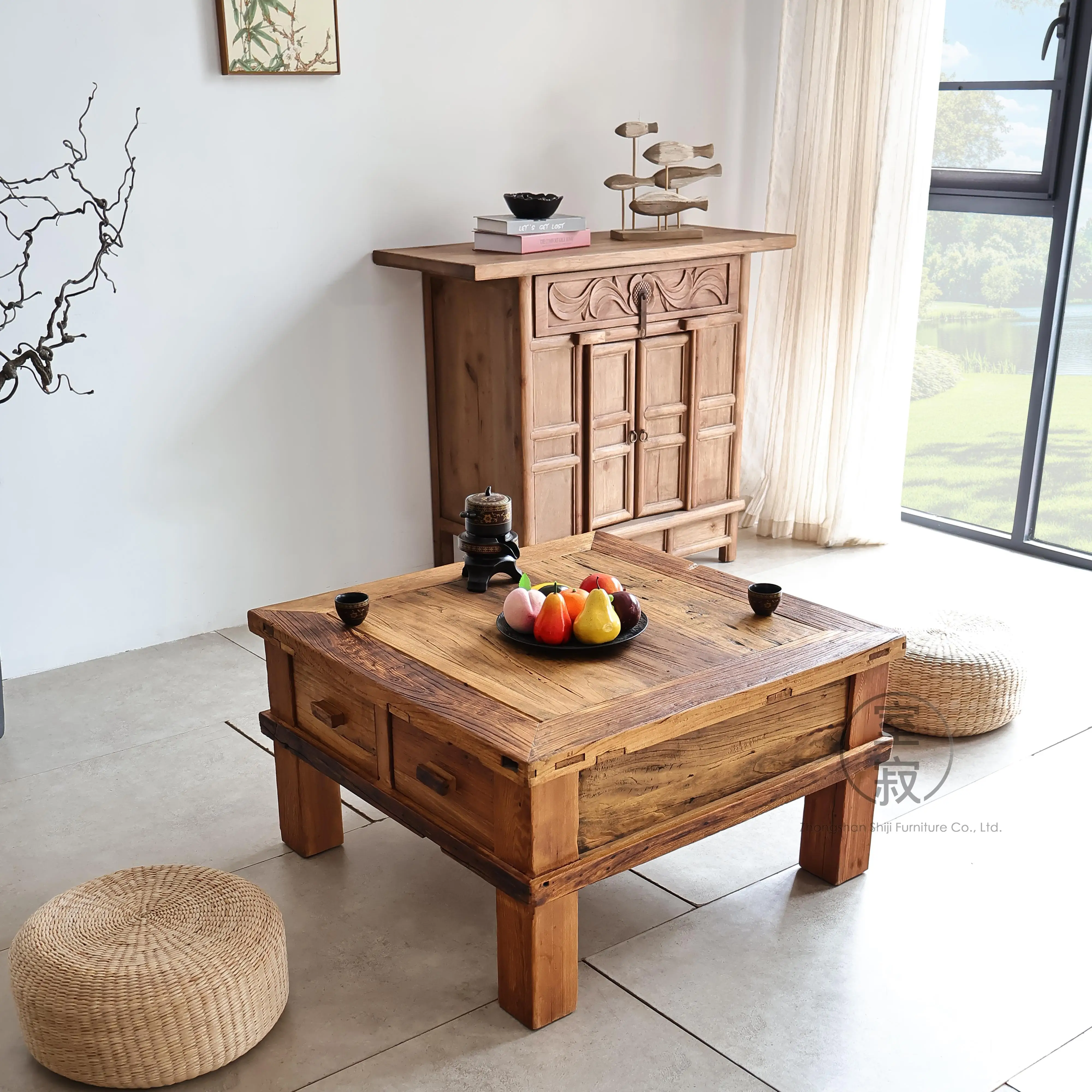 

Rustic Wooden Coffee Table with Four Drawers square Tea Table Modern Minimalist Furniture Living Room Home Decor