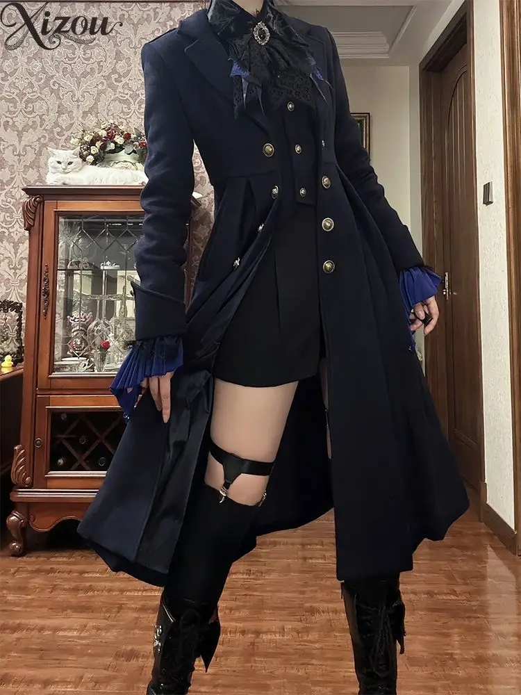 

Overcoat Gothic Lolita Jacket Double Breasted Waist Mid Length Trench Coats Y2K Harajuku Punk Autumn Winter Outerwear Coat