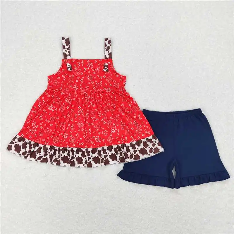 Wholesale hot sale children’s clothing for Baby Girls Clothes Floral blue lace flying sleeve shorts suit image 5