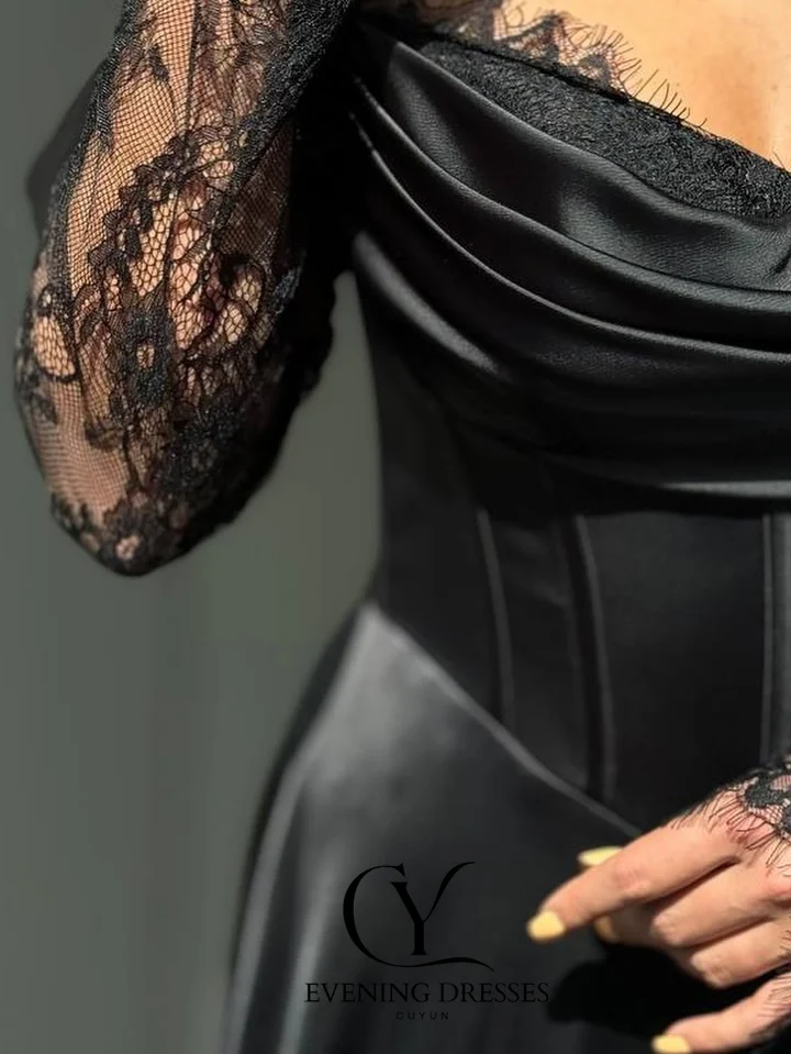 CUYUN-vestido de noche negro de lujo con abertura larga, vestido de fiesta de manga larga con hombros descubiertos, vestido de línea A personalizado para ocasiones formales