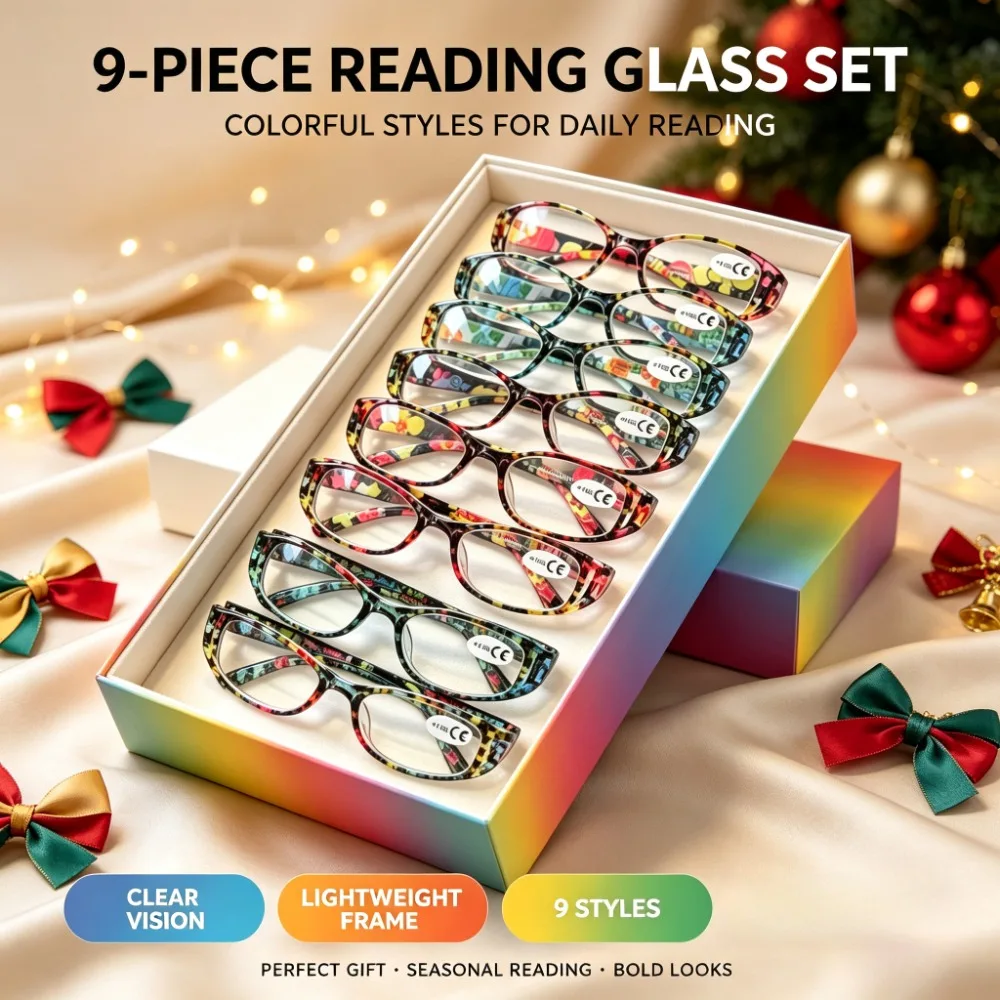 9 Pcs Fashion Reading Glasses Assortment Gift, Random Color Floral Pattern Eyeglasses, Halloween Christmas Costume Accessories, Adult Holiday Party Eyewear, Reading Glasses Unisex Clearance