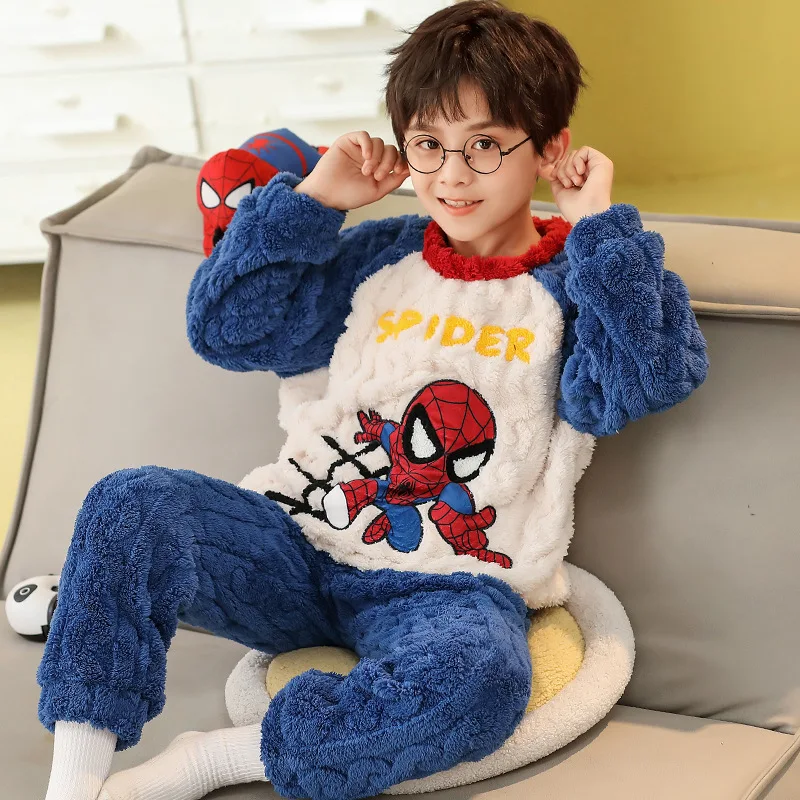 Marvels Spidermans Boys Pajamas Pants Set Kids Winter Warm Thickening Home Clothes Children New Anime Nightwear Trousers Gift