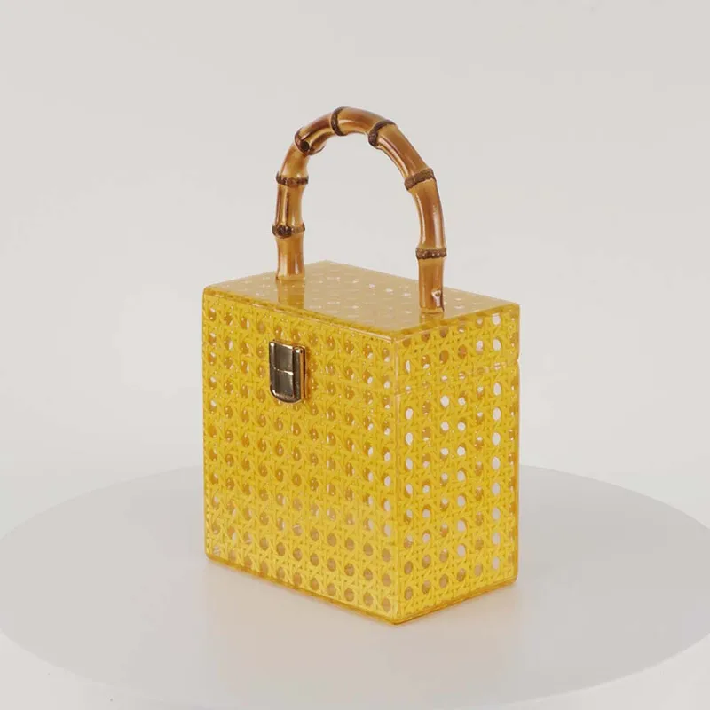 2025 Fashion Designer Acrylic Rattan Bamboo Handle Women Wedding Evening Clutch Bag Lady Box Handbag New Shoulder Bag With Chain view 3