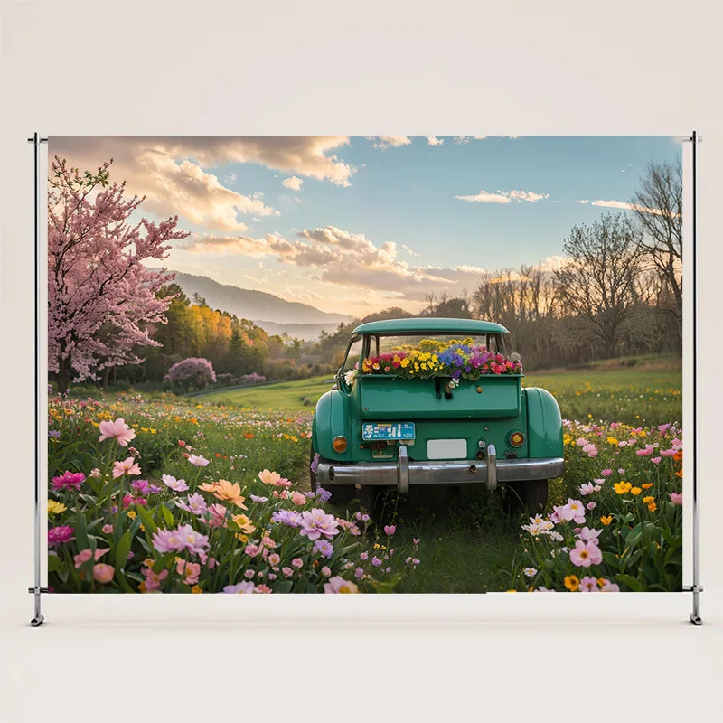 Photography Backdrop Green Old Pickup Truck Assorted Flowers Pink Cherry Blossom Trees Meadow Blue Sky White Clouds  Background