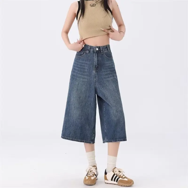 Summer 2026 New Women's Retro Blue Solid Color Simple Basic Daily Ankle Length Denim Trousers Female High Wasit Jeans Clothes