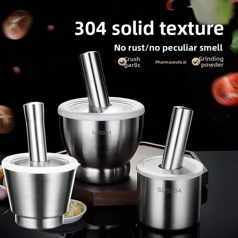 

304 Stainless Steel Manual Garlic Crusher Mortar and Pestle Set Grinding Crushing Spices Nuts Ginger Herbs Kitchen Cooking Tool