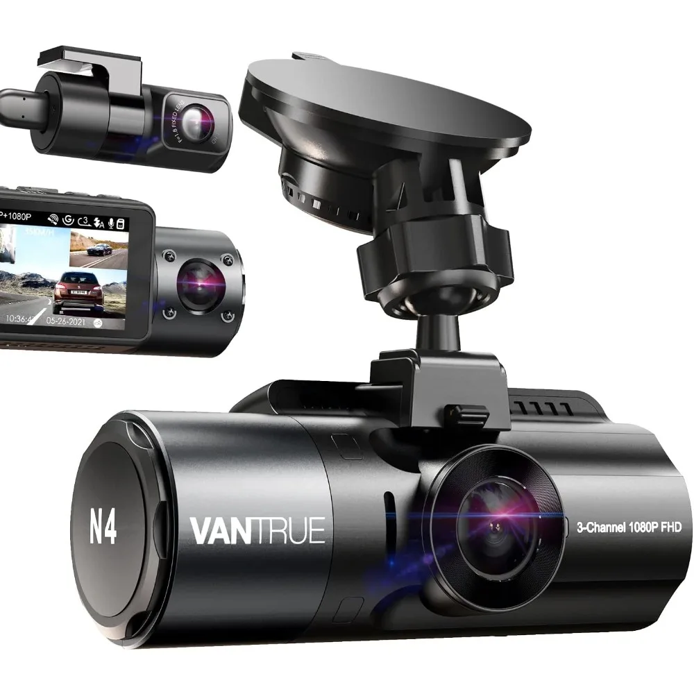 3 Channel Dash Cam, 4K+1080P Front and Rear, 1440P+1440P Front and Inside