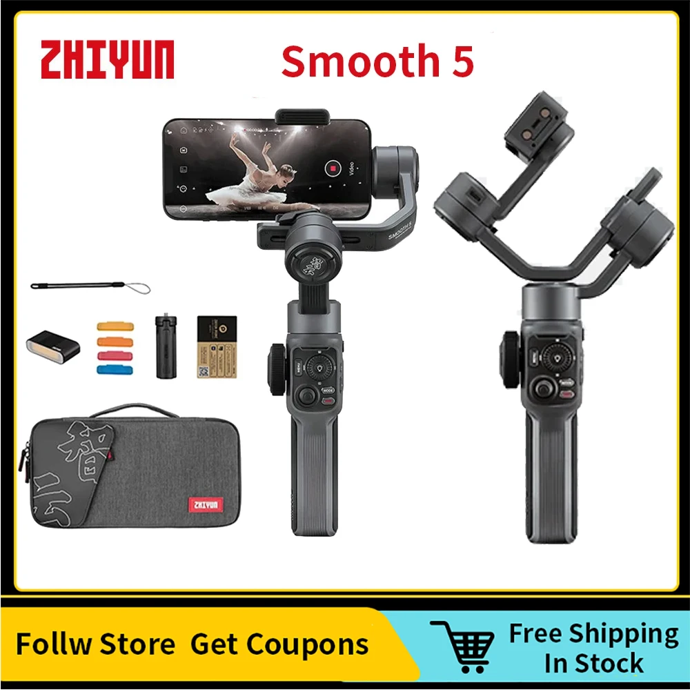 Zhiyun Smooth 5 Smartphone 3-axis Handheld Stabilizer Gimbal Covered with Grip Tripod for iPhone / Samsung / Huawei /Xiaomi