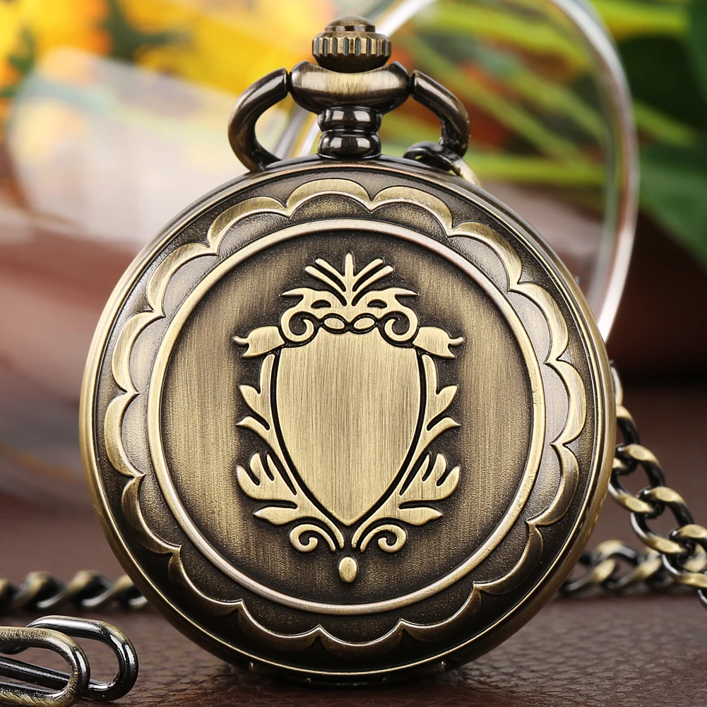 

Bronze Shield Pattern Men's Pocket Watch Mechanical Hand Winding Trendy Blue Arabic Numerals Vintage Steampunk Pocket Man Clock