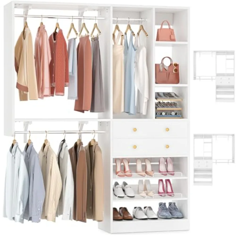 5FT Closet System with Drawers 60 White Closet Organizer with 2 Hanging Shelving Reversible Wall-Mount for Walk-in Closets Stor