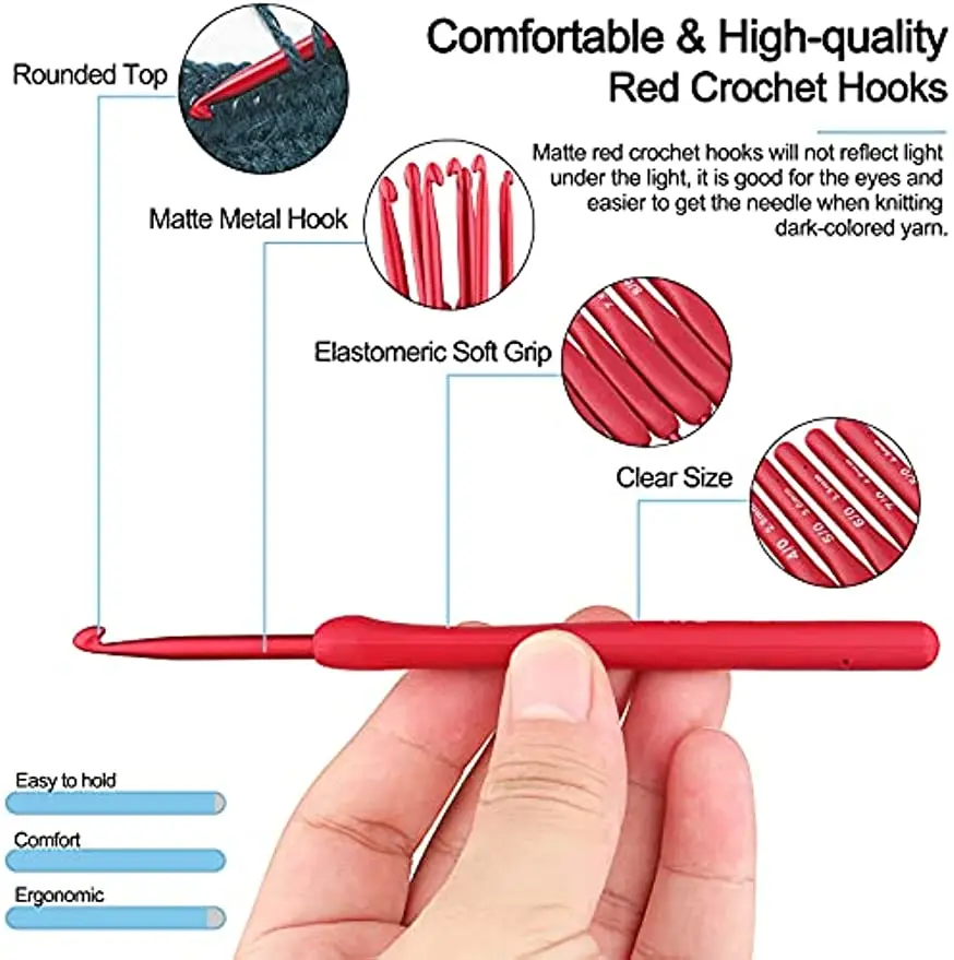 9st Rode Haaknaalden Ergonomische Haaknaald Set Zacht Aanvoelend Aluminium Haaknaald Voor Artritische Handen Haakpakket Voor Beginne