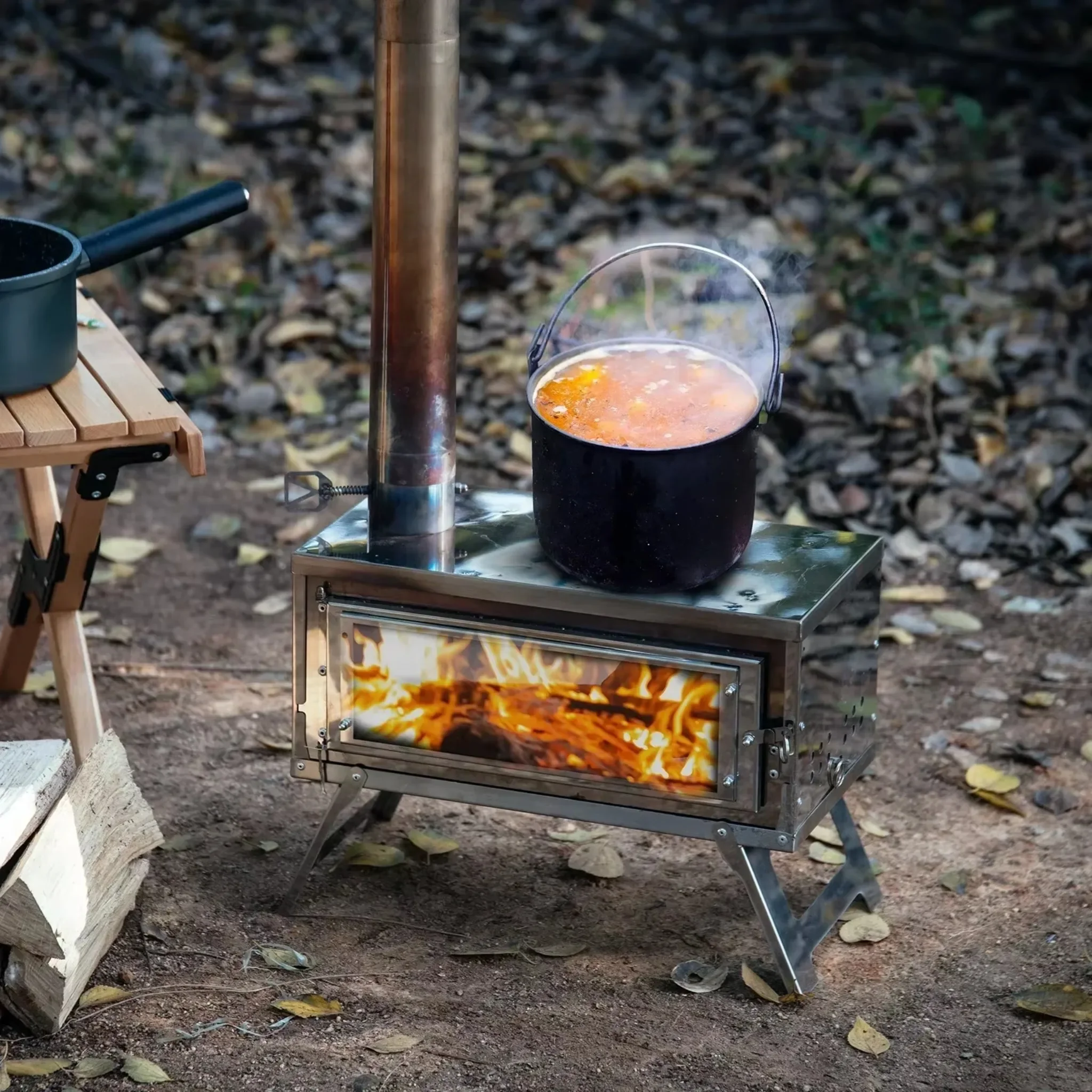 Estufa de leña para tienda de campaña, fabricada en acero inoxidable, plegable y portátil, con chimenea ajustable para cocinar al aire libre en tiendas de campaña.