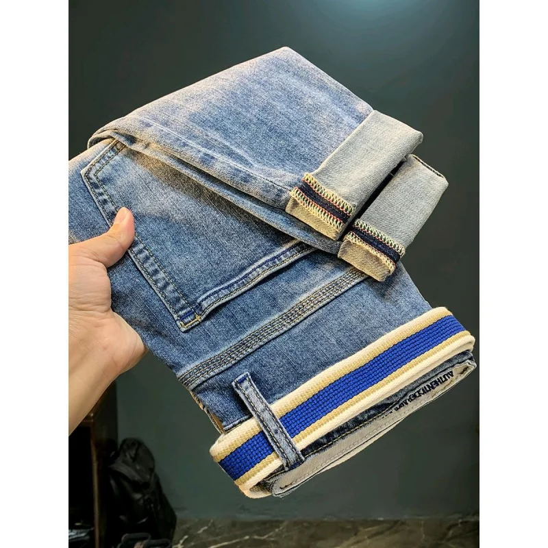 New style jeans men trendy brand with holes elastic straight tube slim fit casual cool feeling fashionable versatile denim pants