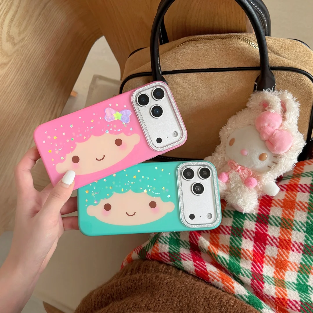 

Y2K Lovely Cartoon Little Twin Stars Phone Case for iPhone 17 16 14 15 Pro Max Plus Gemini Couple Glitter flash Silicone Cover
