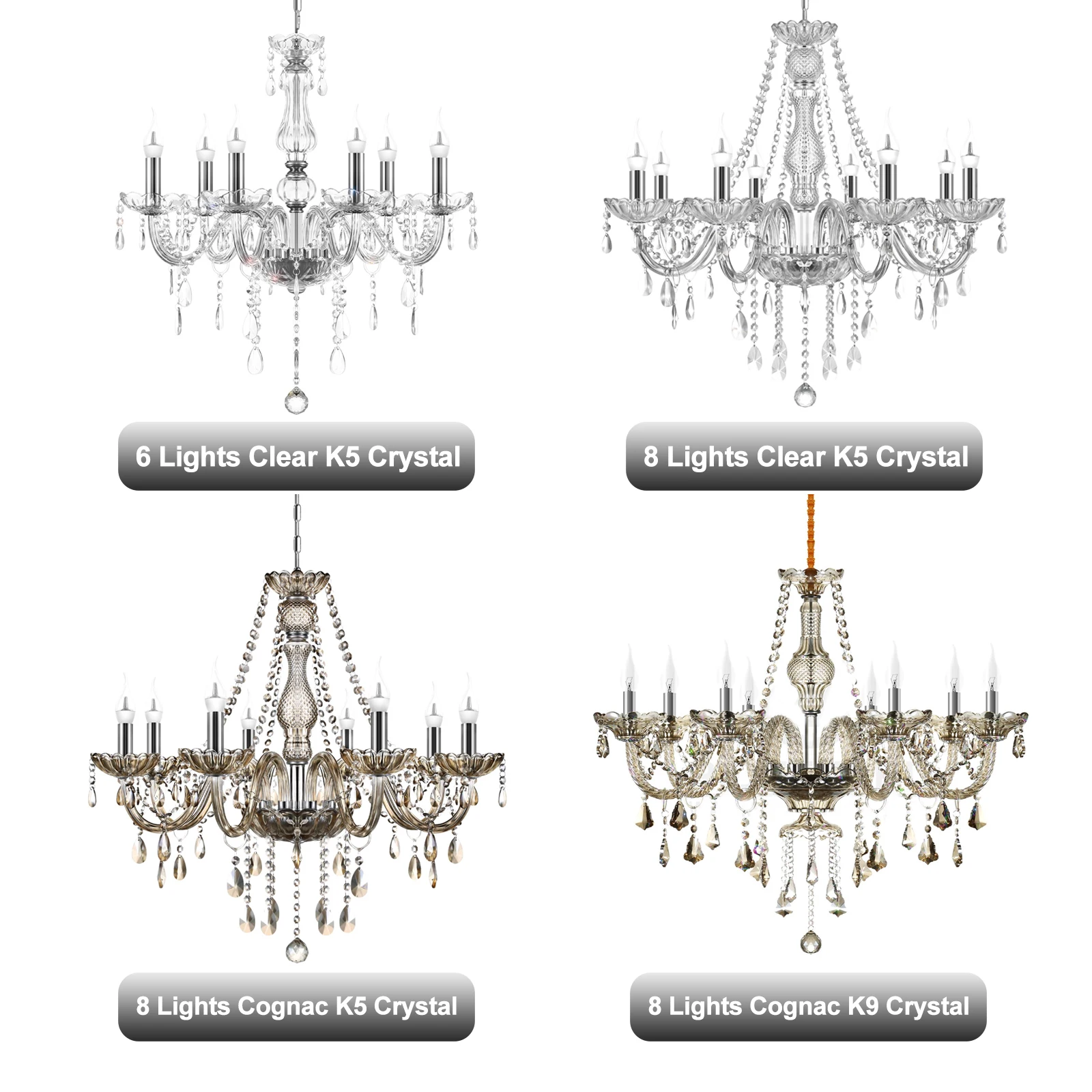 Image of 6/8-flammiger Kristall-Deckenleuchter Transparent/Cognac-Farbe K5/K9 Kristall-Kronleuchter Kerzen-Pendelleuchte für Innenräume Wohnzimmer Schlafzimmer Dekor-Beleuchtung