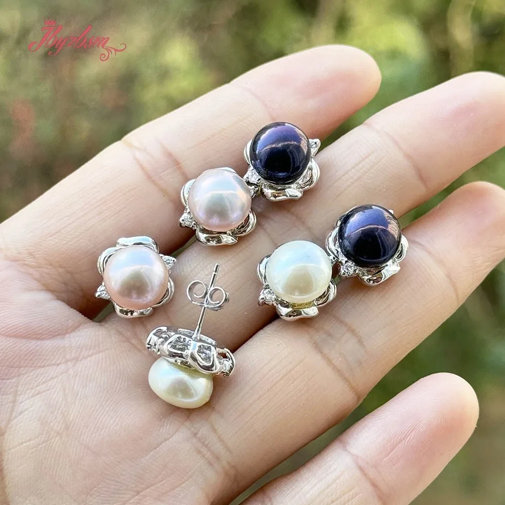 

10mm Round Natural Freshwater Pearl Exquisite Stud Earring Jewelry,White Purple Black Freshwater Pearl Earring Jewelry 1 Pair