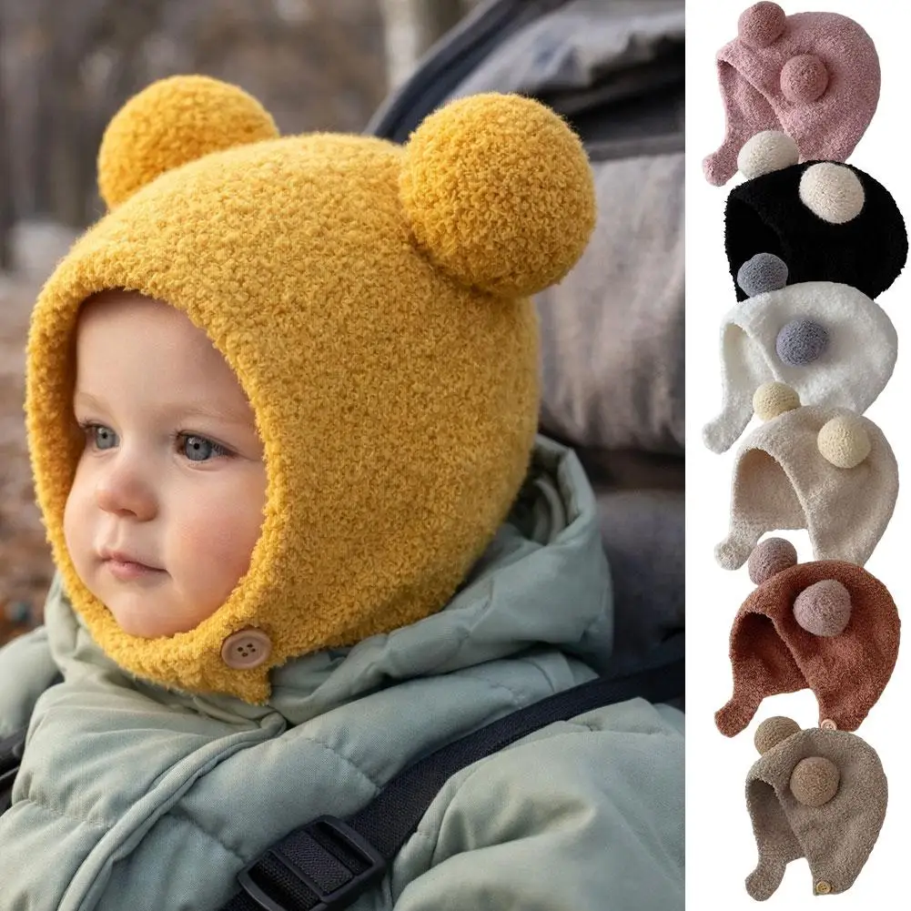 Infant Ear Protector Knitted Hat Cute Baby Hats Winter Warm Kids Fleece Wool Hemming Caps Soft Newborn Bonnet Ear Protection Hat