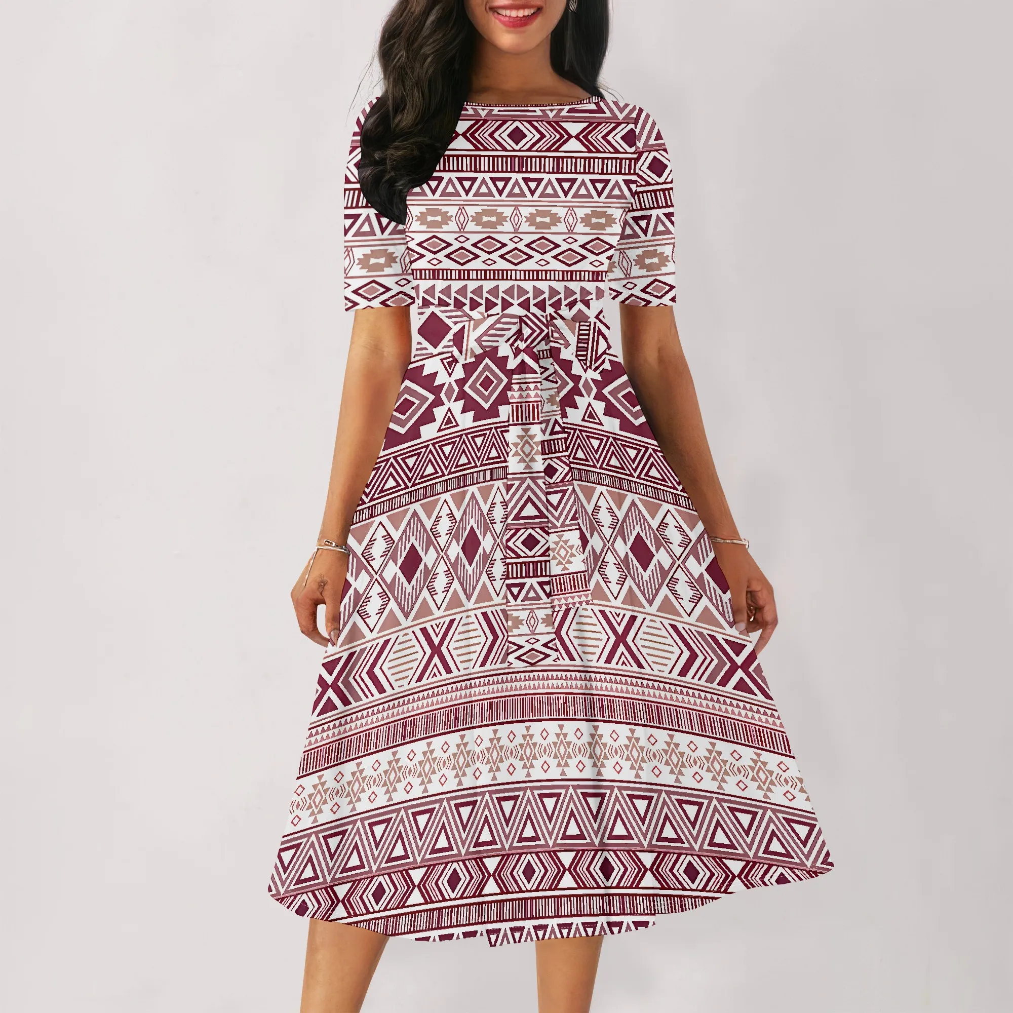 EQQZD Short Sleeve Crew-Neck Dress with Pocket & Belt, Boho Style Pattern Print Dress for Women