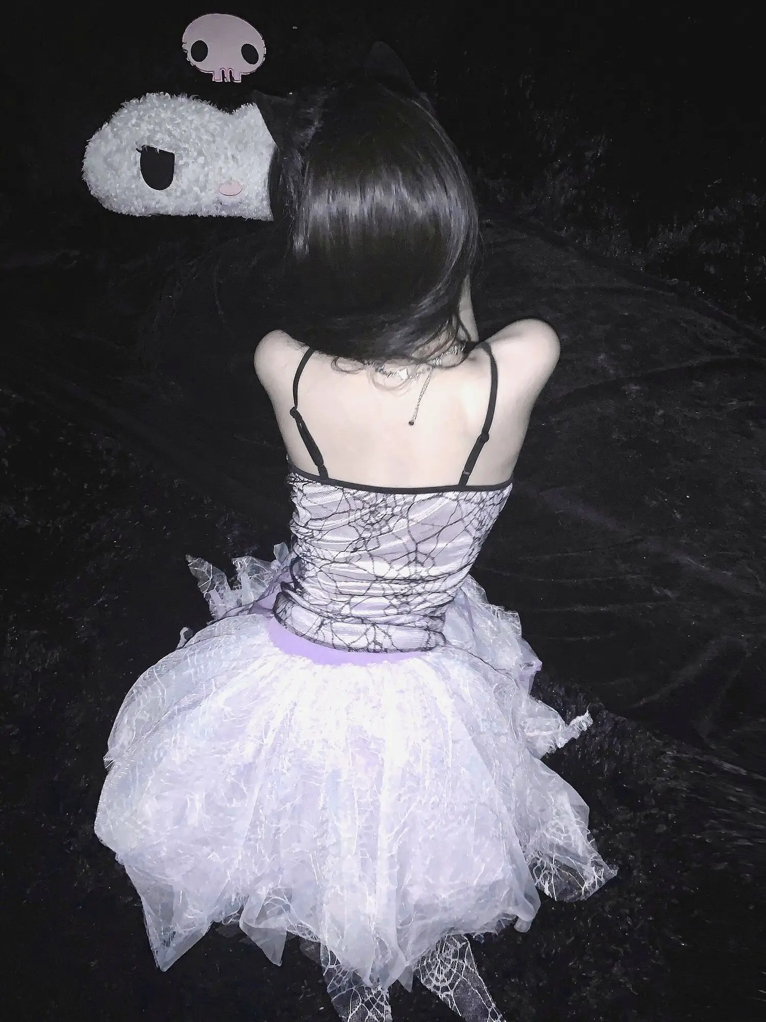 Grigio Viola Sottocultura Fiocco in pizzo Industria pesante Ragazza ragno Taglio creativo Mezza gonna Abito da ballo Ragnatela Balletto