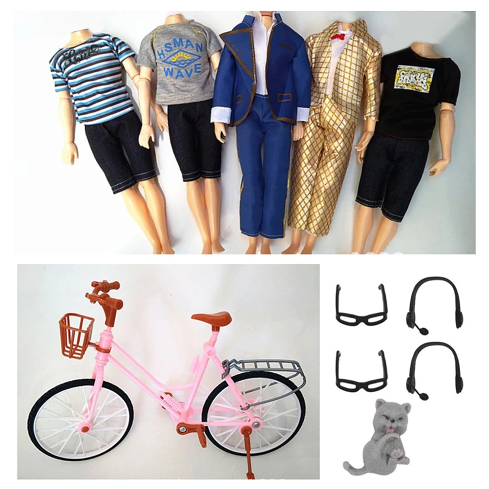 Conjunto de roupas cor aleatória para Ken Doll, camisa, calças, mini óculos, bicicleta, boneca Barbie, namorado, príncipe, roupas, 26pcs